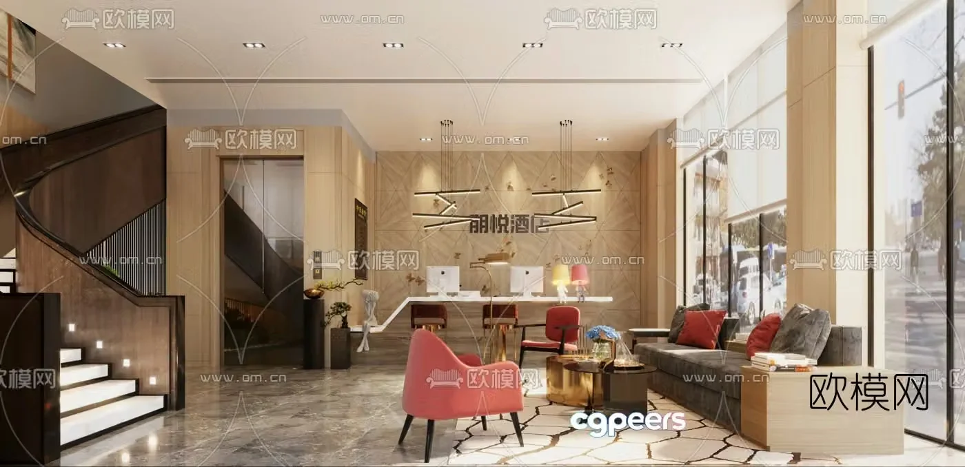 3D model of modern express hotel front desk lobby