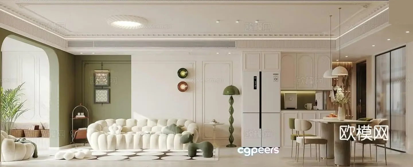 French Cream Living and Restaurant_French Cream Sofa Coffee Table Combination 3D Model