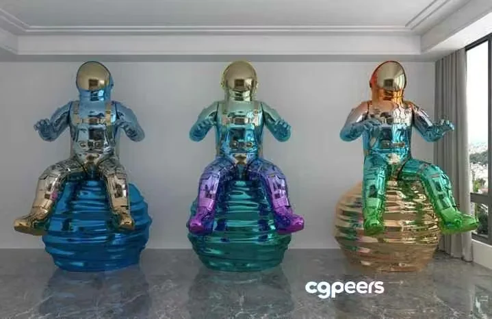 Three Shiny Astronaut Statues 3D Model – 6441 – VRAY Render
