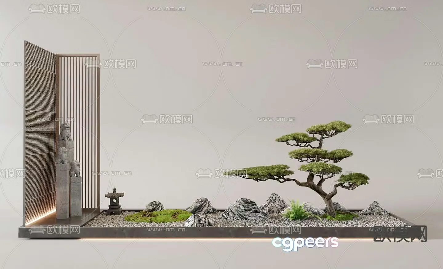 Indoor landscape pine tree landscaping stone lion sculpture 3d model