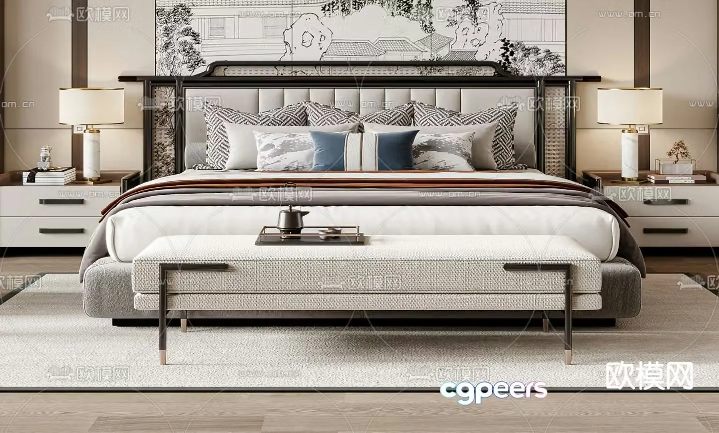 New Chinese style double bed 3d model