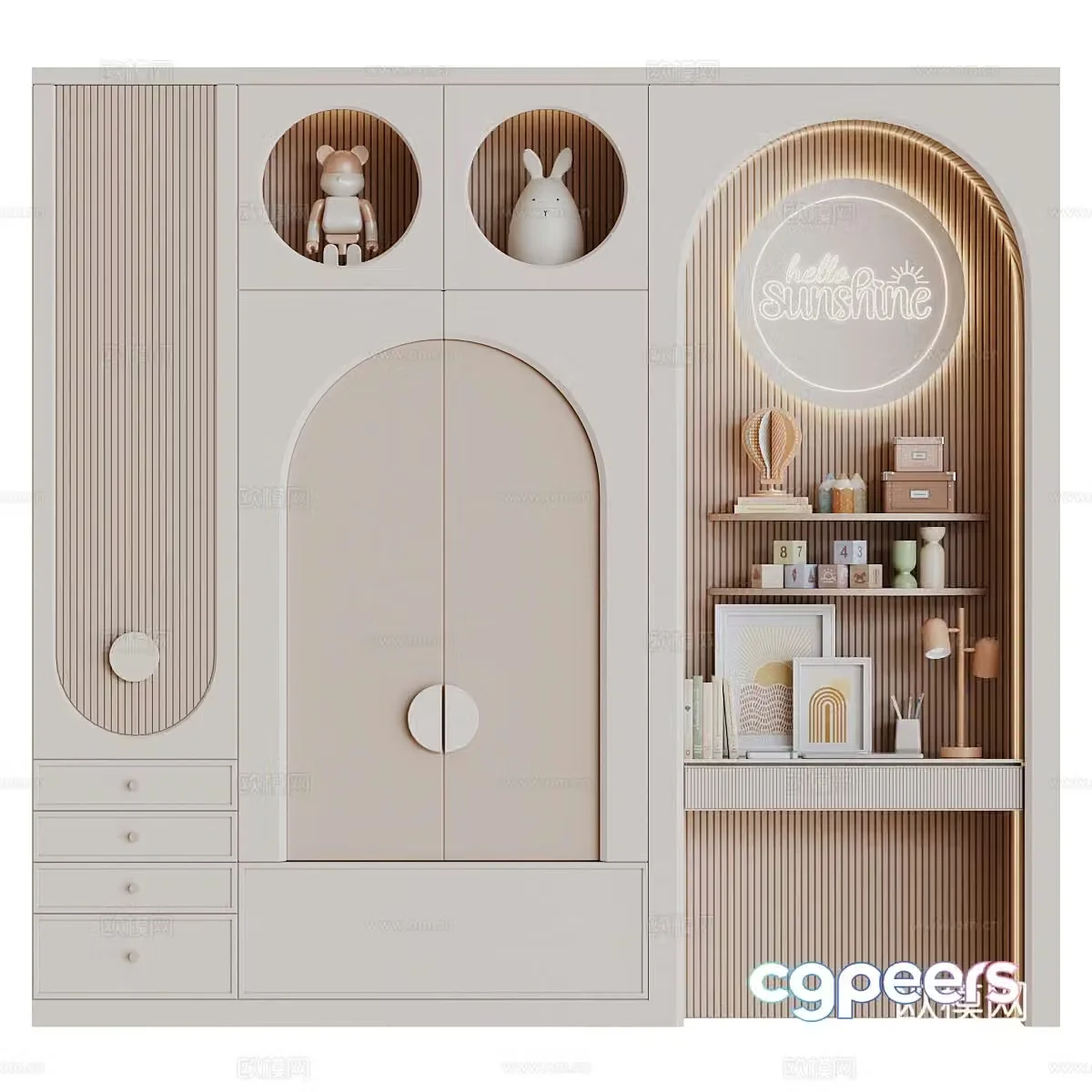 Modern cream style children’s wardrobe bookcase combination 3D model