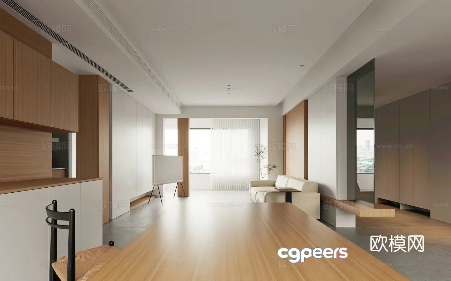 Modern minimalist apartment living and dining kitchen apartment open kitchen dining sofa coffee table dining table chair set 3d model