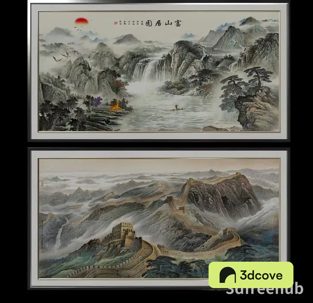 The Image Features Two Framed Paintings Of Mountains
