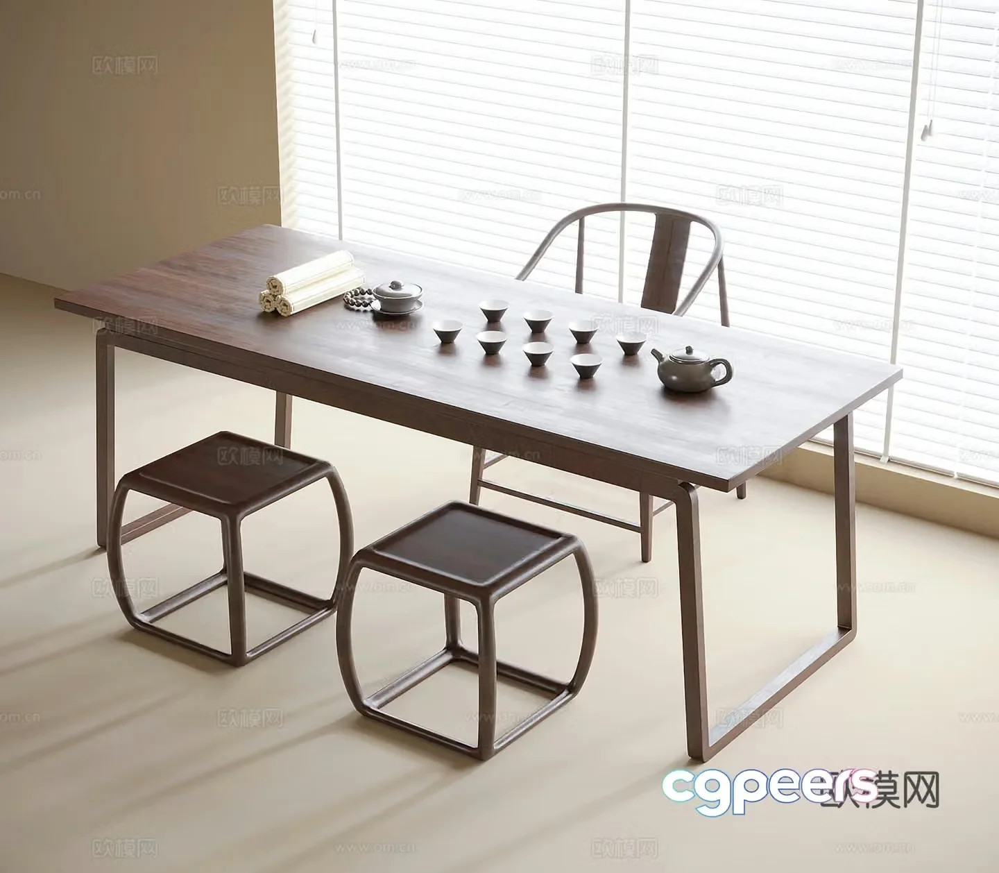 Modern tea table and chair combination tea table stool tea set ornaments 3D model