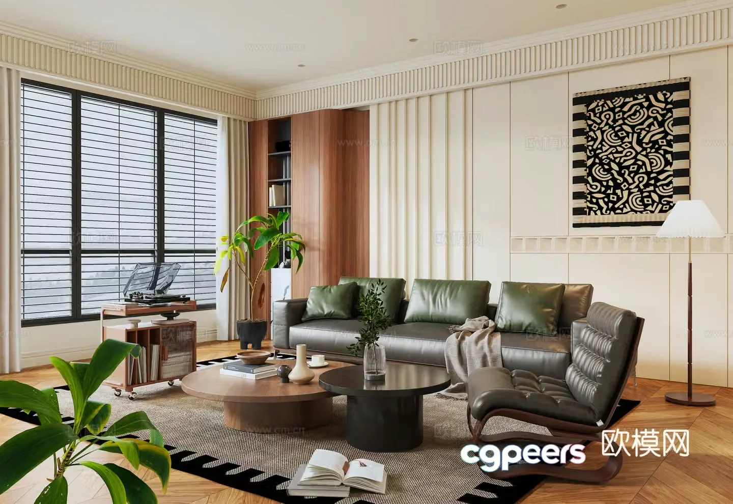 Middle style living room sofa background wall sofa coffee table combination decorative painting potted green plants 3D model
