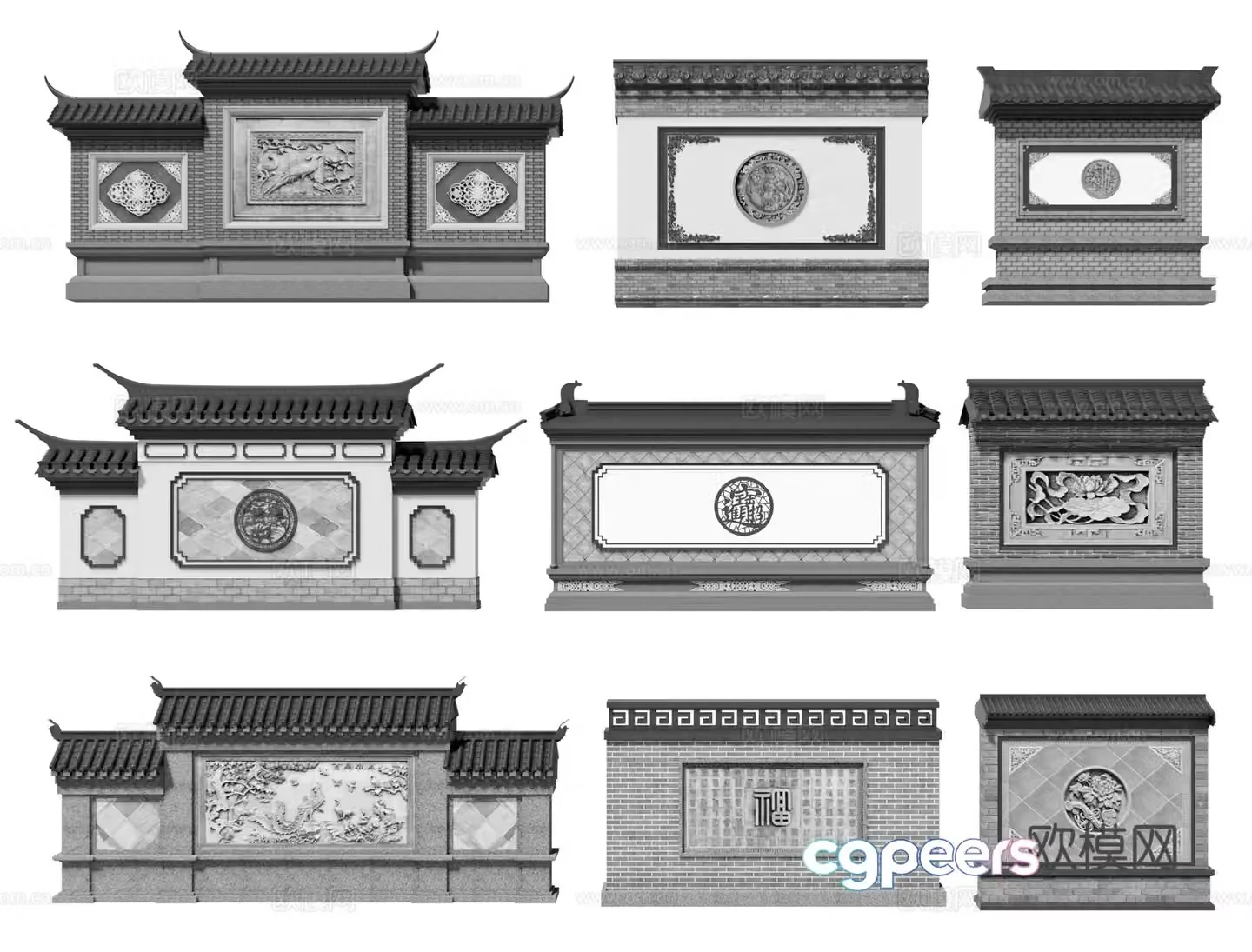 Chinese style screen wall screen wall screen wall Xiao wall illuminated wall wall wall carved background wall relief wall 3d model
