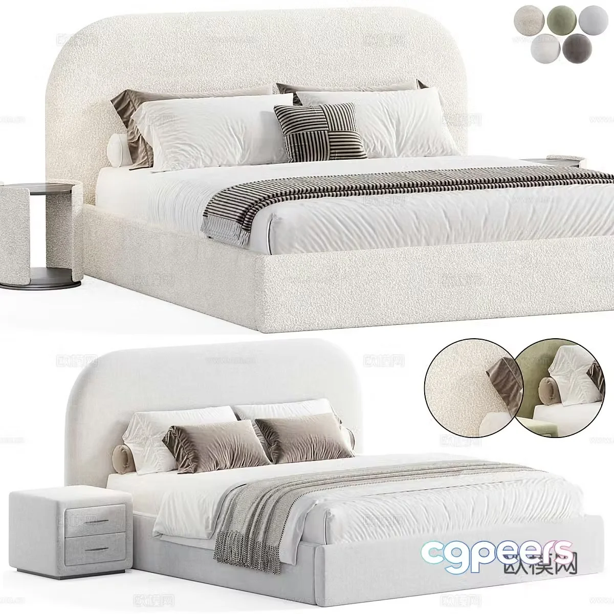 Modern Cream Style Kevia Fabric Double Bed 3D Model