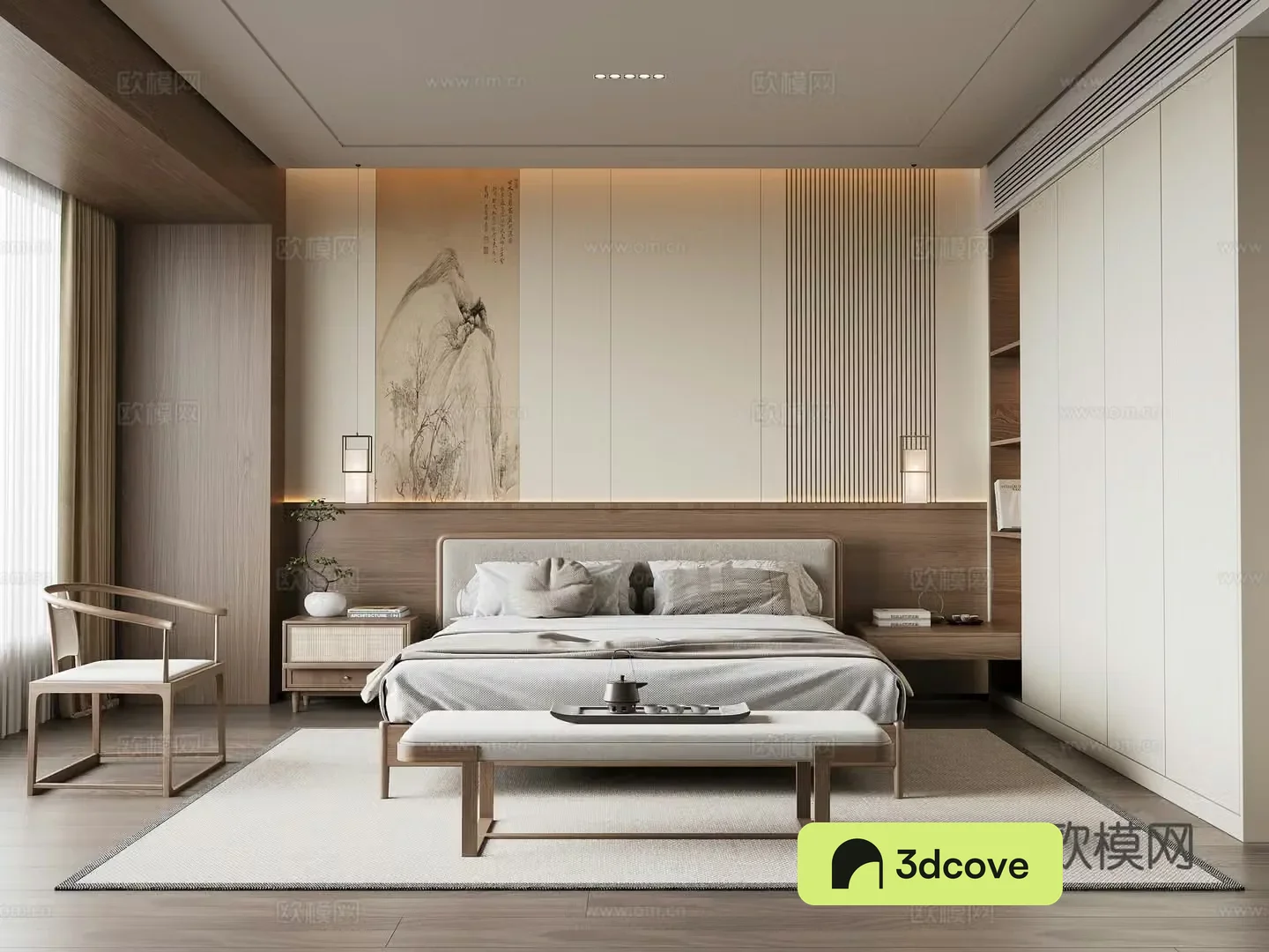 New Chinese Song style bedroom double bed wardrobe bed chandeliers