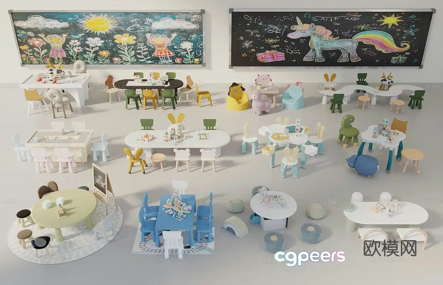 Children’s table and chair combination Children’s building block table and chair Children’s toy table and chair Children’s interactive table and chair Blackboard 3D model