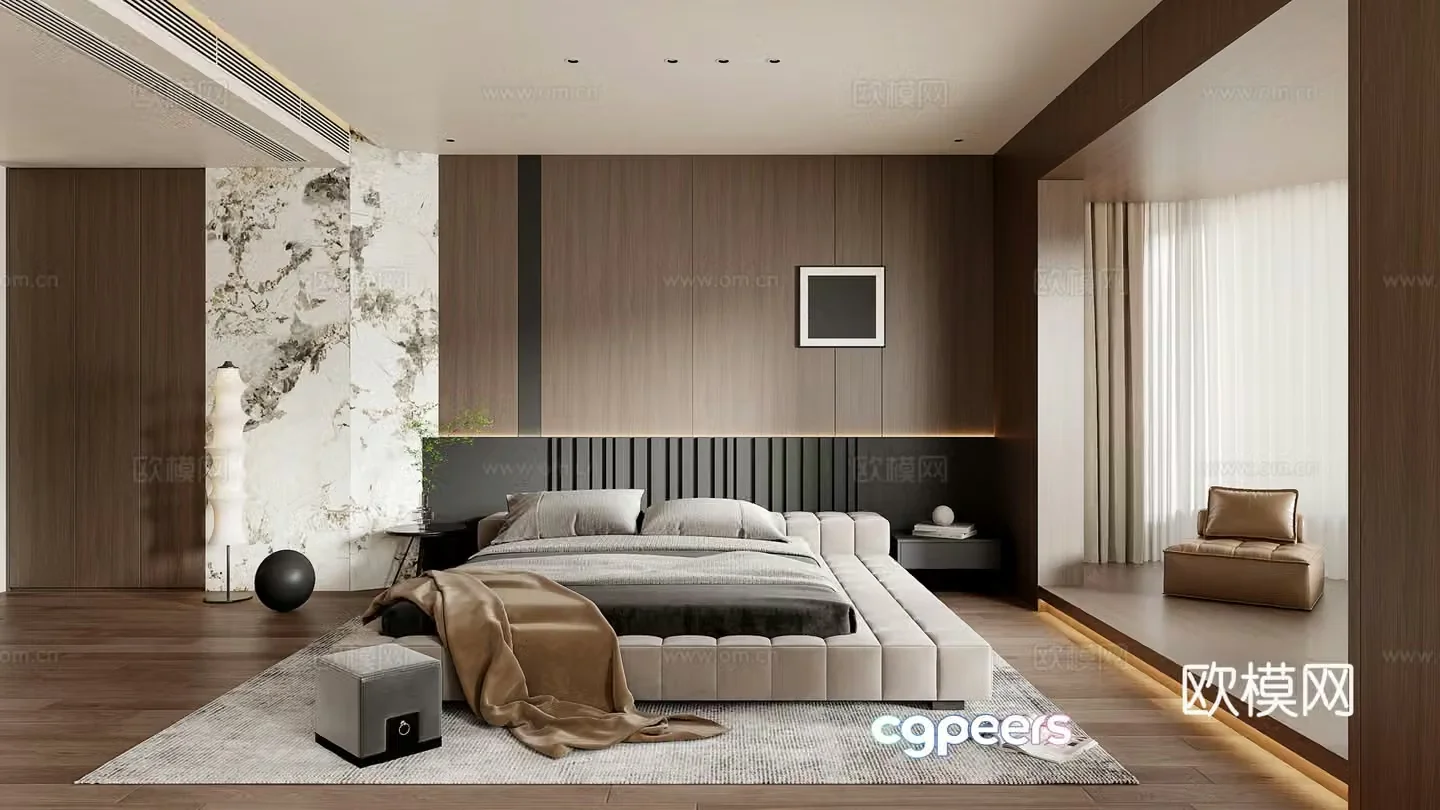 Modern Italian style home bedroom bedside background wall bedroom double bed floor bedroom villa bedroom 3d model