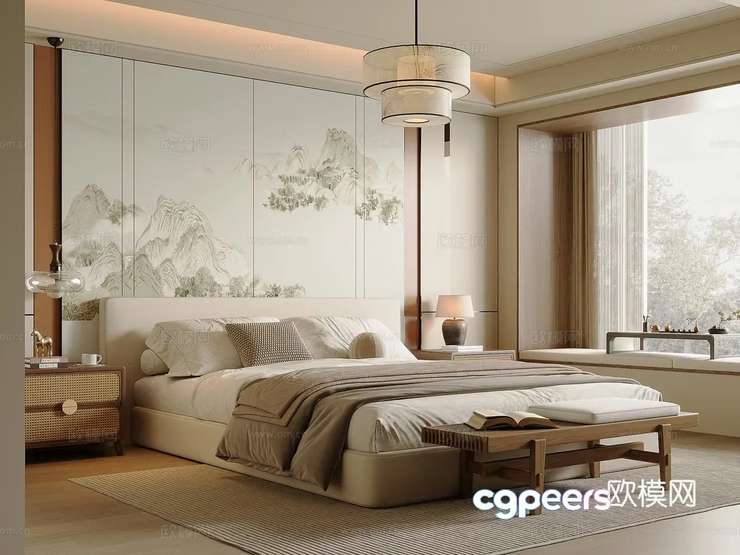 New Chinese style bedroom Song style fabric double bed bed nightstand bed end stool Chinese style chandelier 3D model