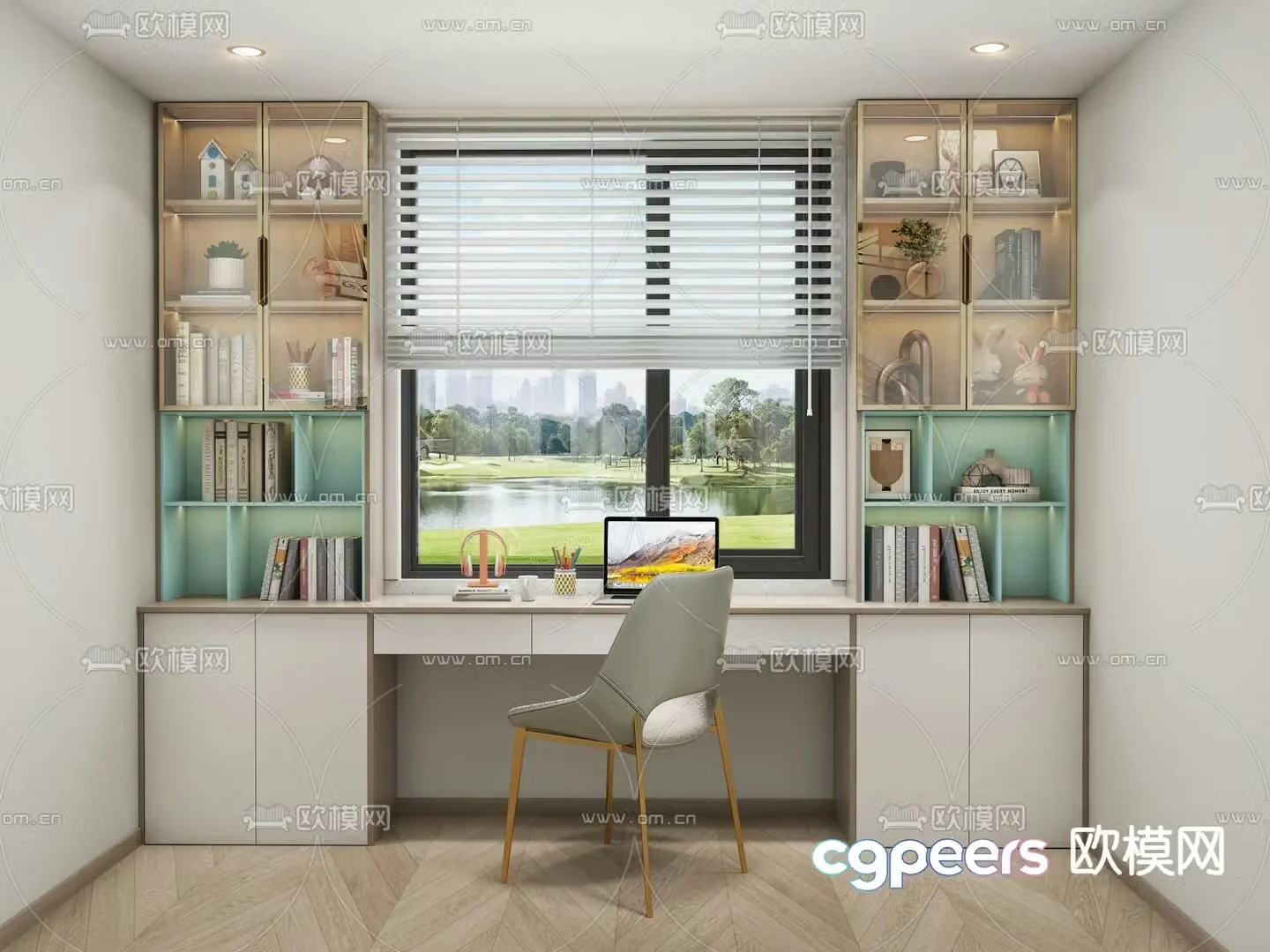 Integrated desk bookcase writing desk 3d model