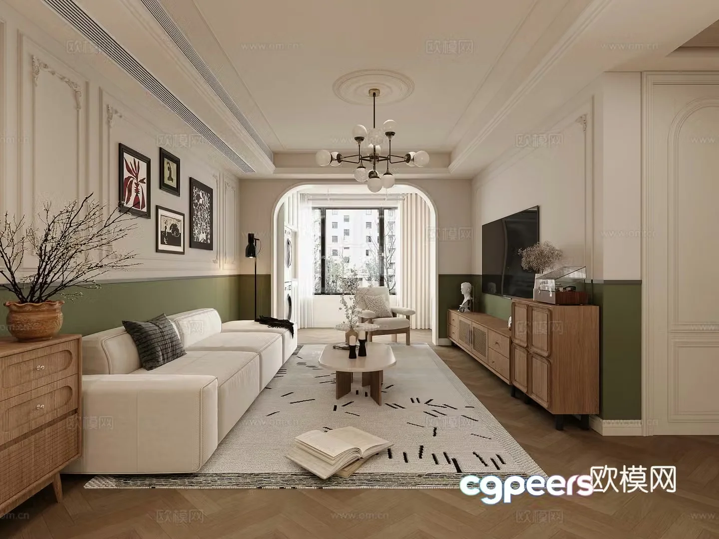 American retro living room hole board TV cabinet chandeliers 3d model