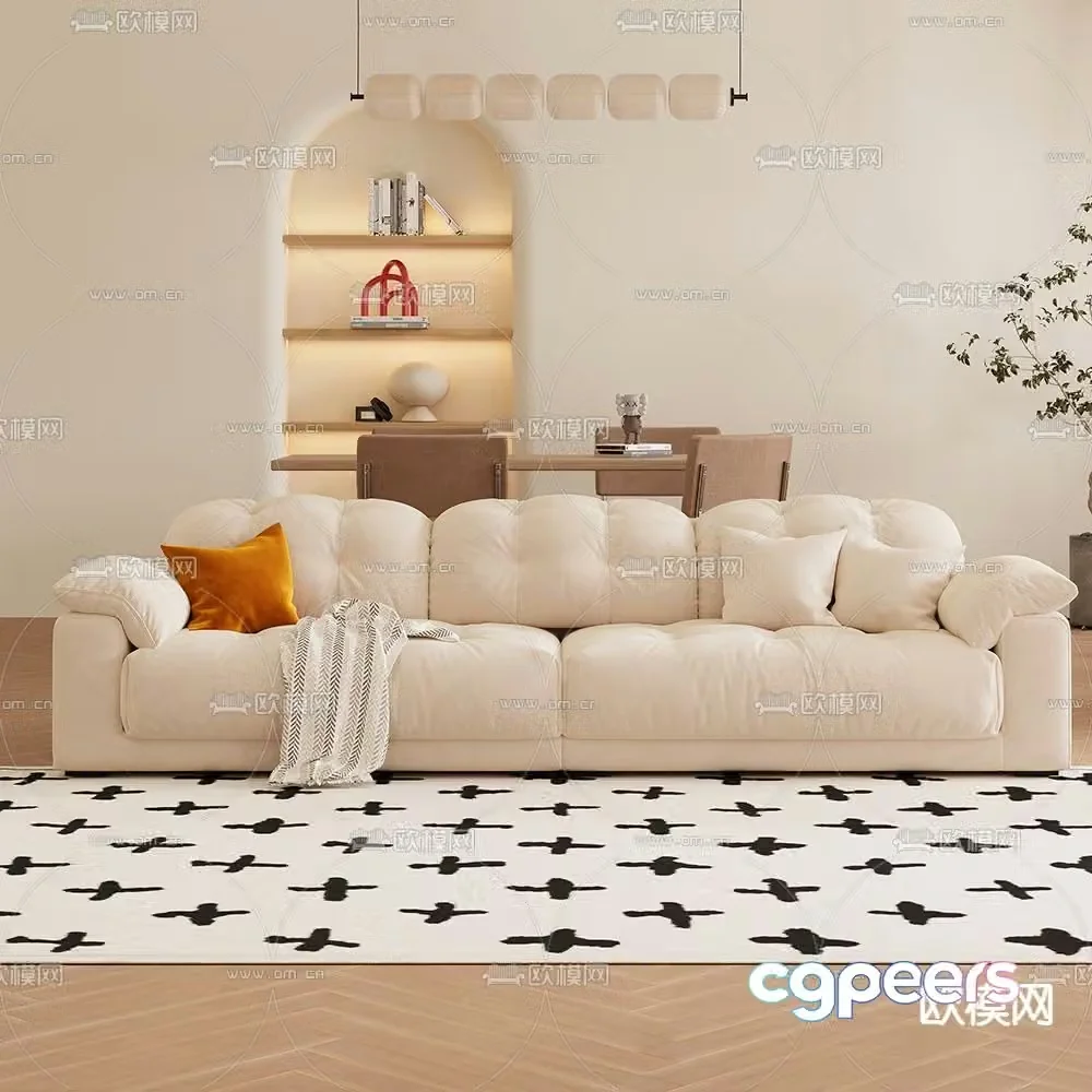 Cream style three-seat sofa 3D model