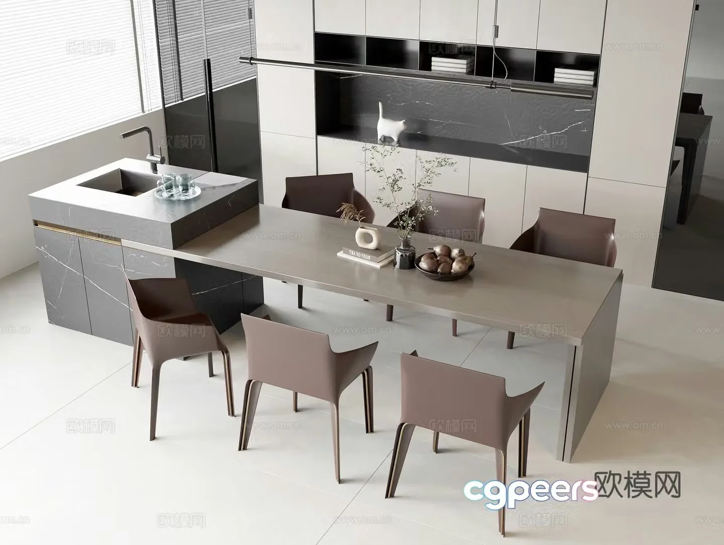 Solid wood Zhongdao dining table Zhongdao water bar leather dining chair Solid wood sideboard Glass door wine cabinet 3D model