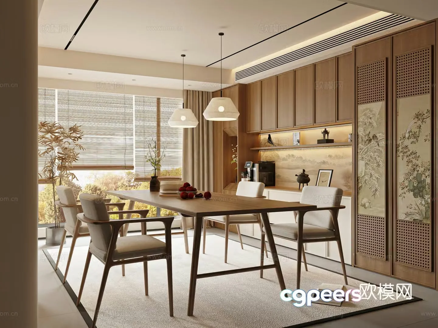 New Chinese Zen Restaurant Song’s Restaurant Dining Table and Chair Sideboard 3D Model