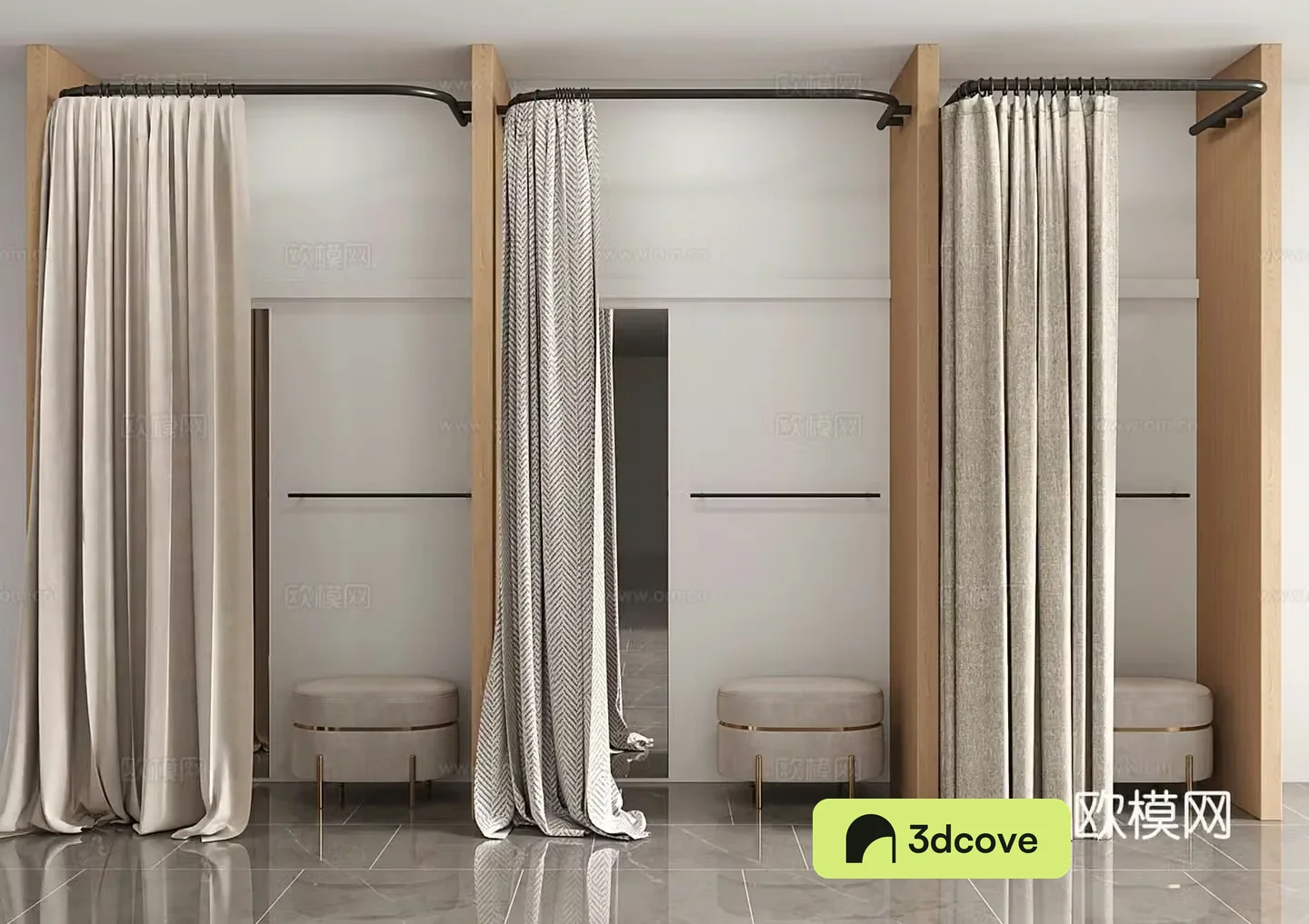 Clothing store fitting room curtain pull