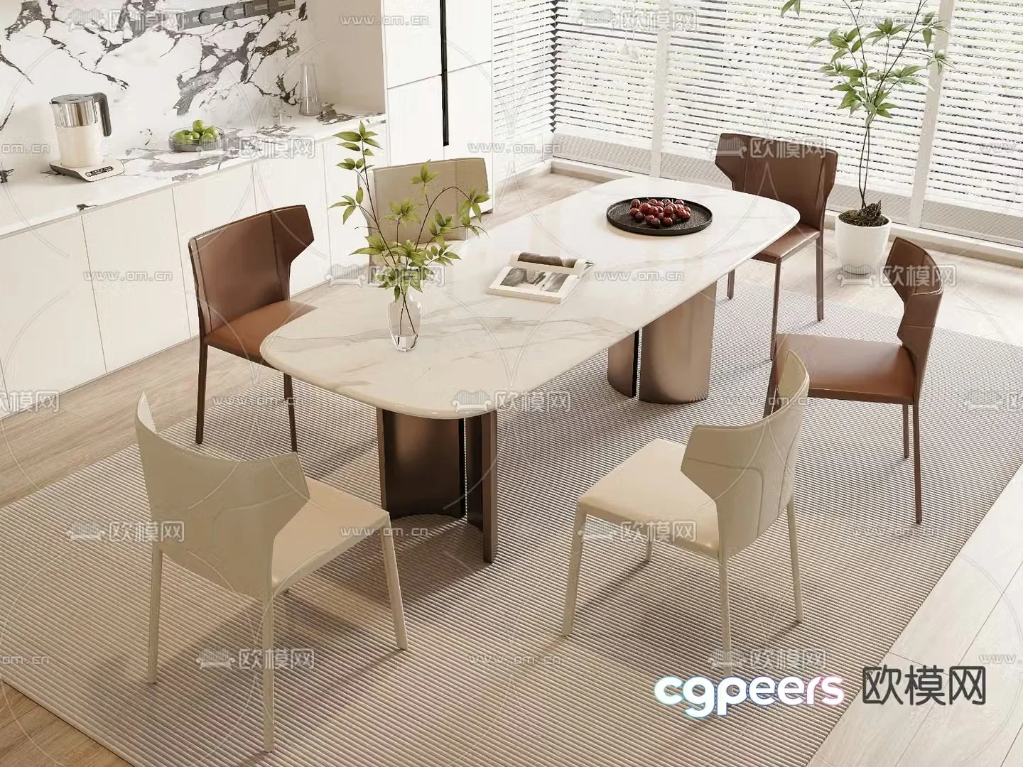 Long dining table and chairs 3d model