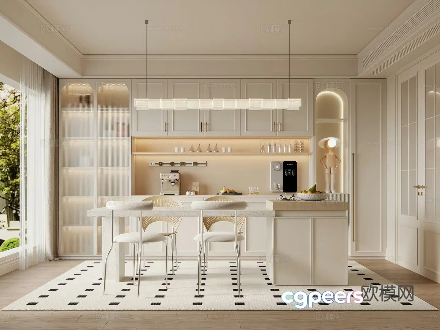 French cream restaurant wine cabinet sideboard dining table island 3D model
