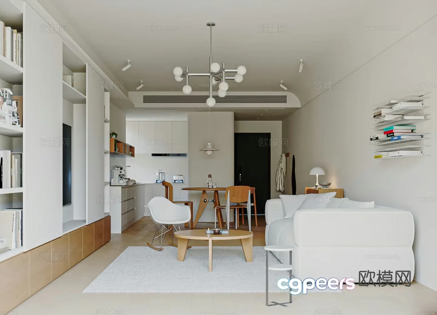 Modern cream large flat living room dining room open kitchen west cabinet vertical hall medieval furniture 3D model