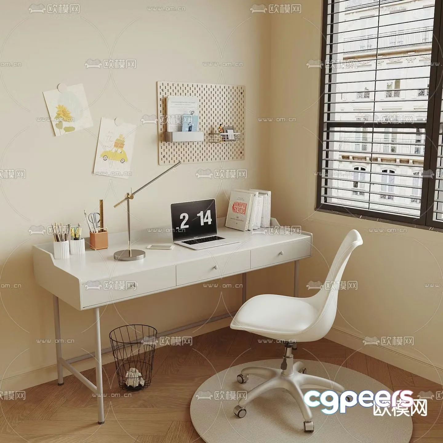 Cream style desk writing desk study table 3d model