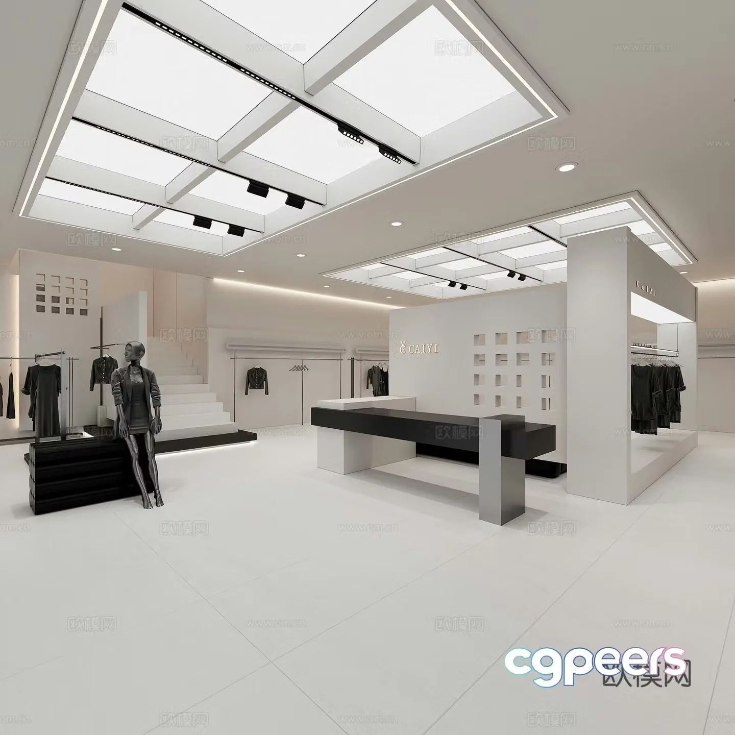 Modern minimalist women’s clothing store high-end black shop clothing shelves stairwell cashier background 3d model