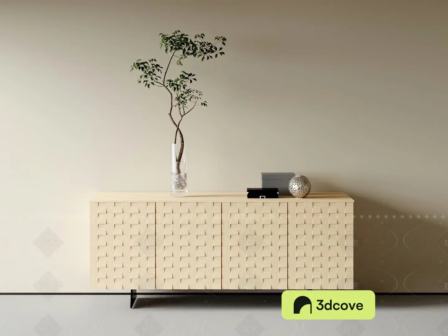 The Main Subject Is A Cream-Colored Cabinet With A Woven Design