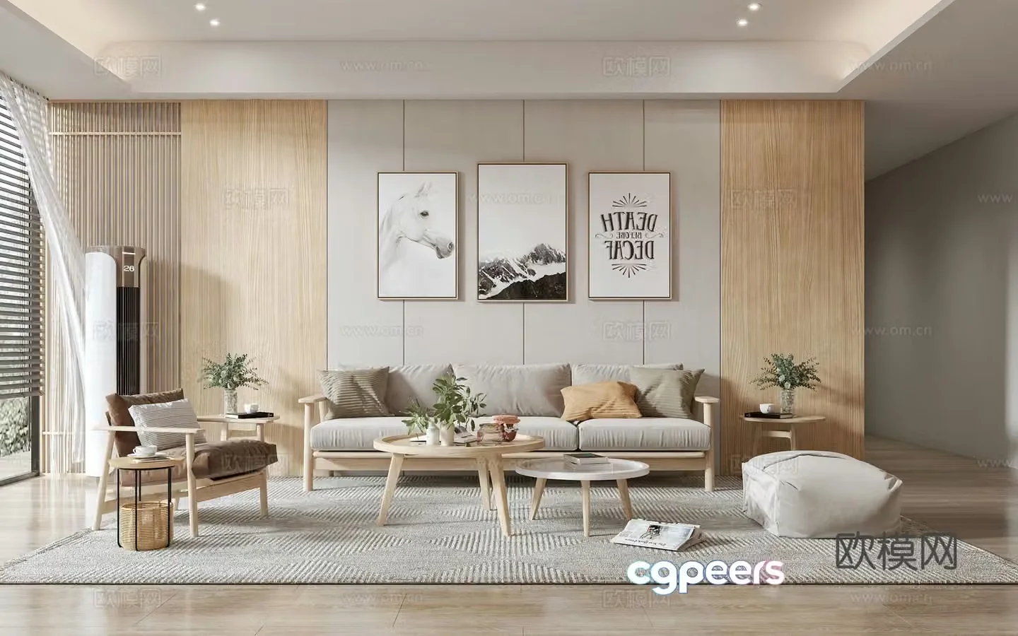 Nordic living room Nordic sofa coffee table combination Nordic TV back 3D model