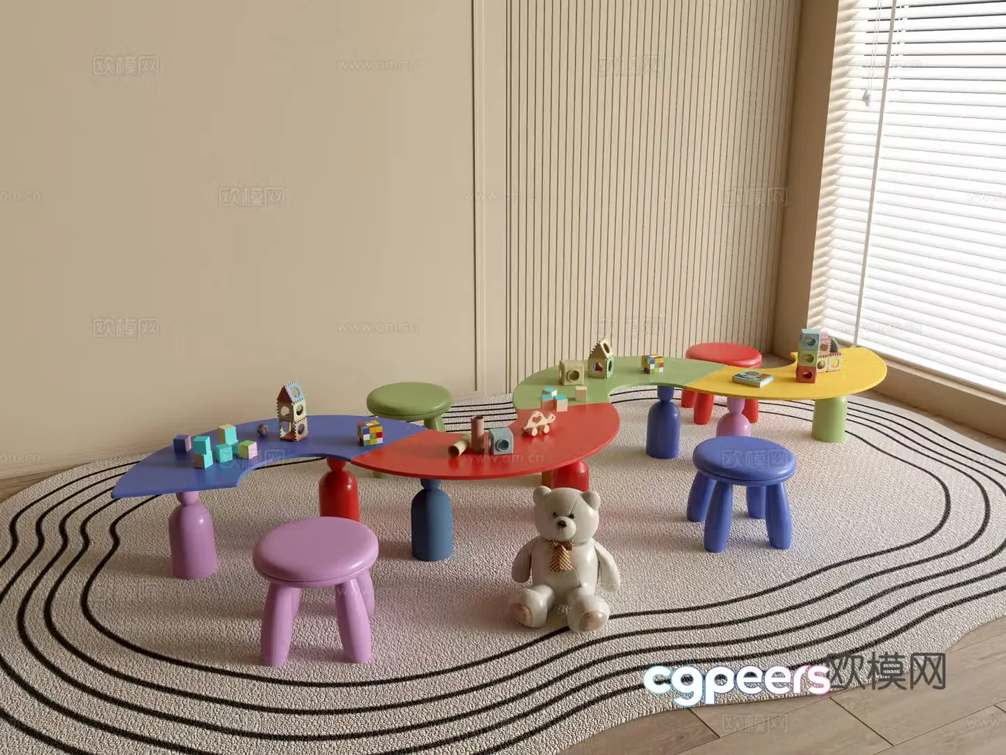 Modern kindergarten table and chairs kindergarten toys child seat combination children’s handmade table cartoon table 3d model