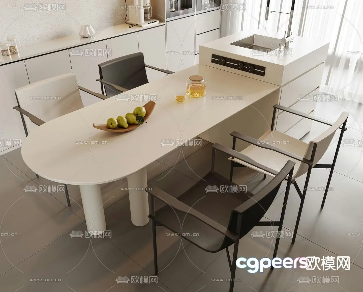 Modern island dining table and chairs 3d model