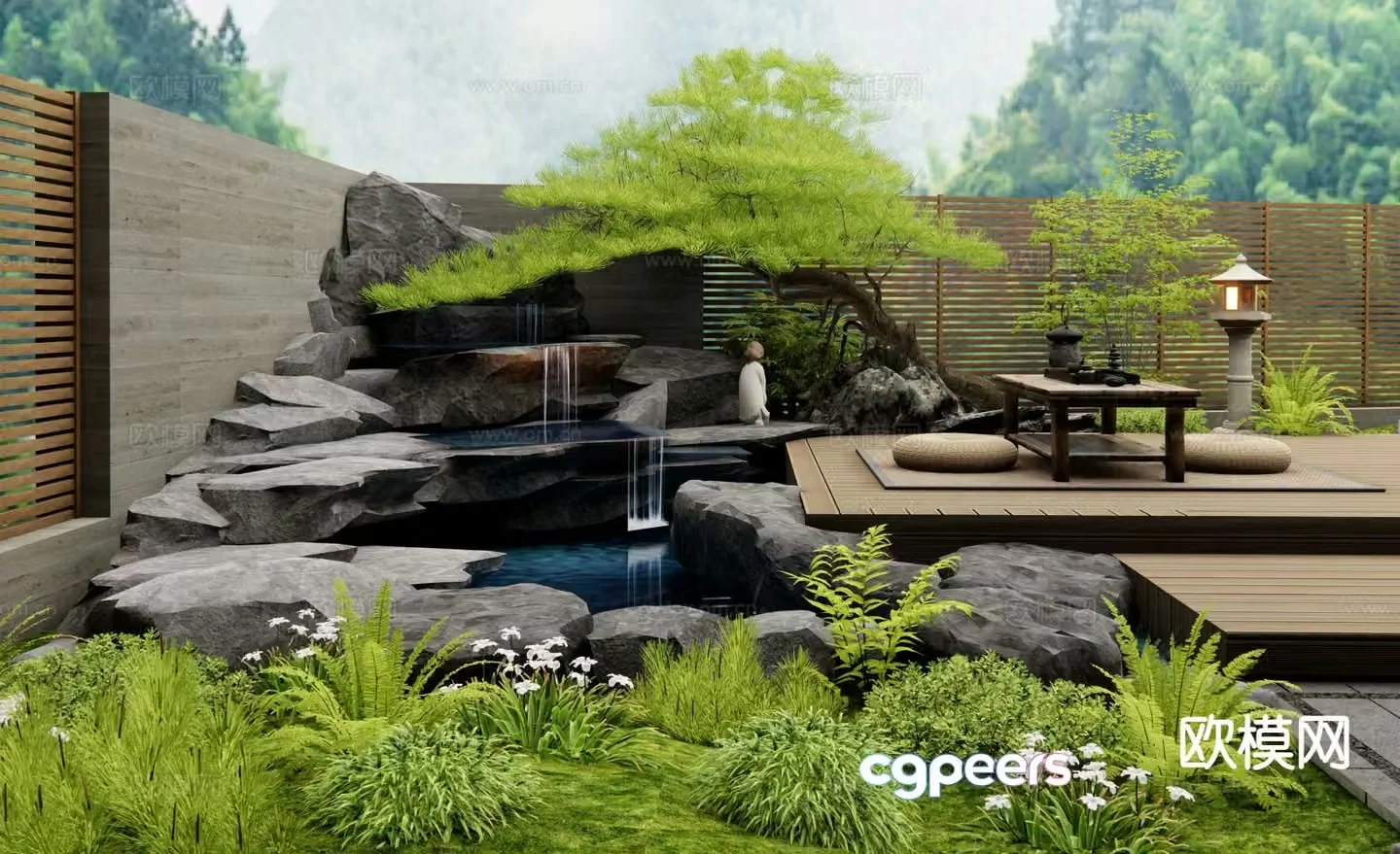 New Chinese style rockery waterscape falling water landscape plant pile 3D model