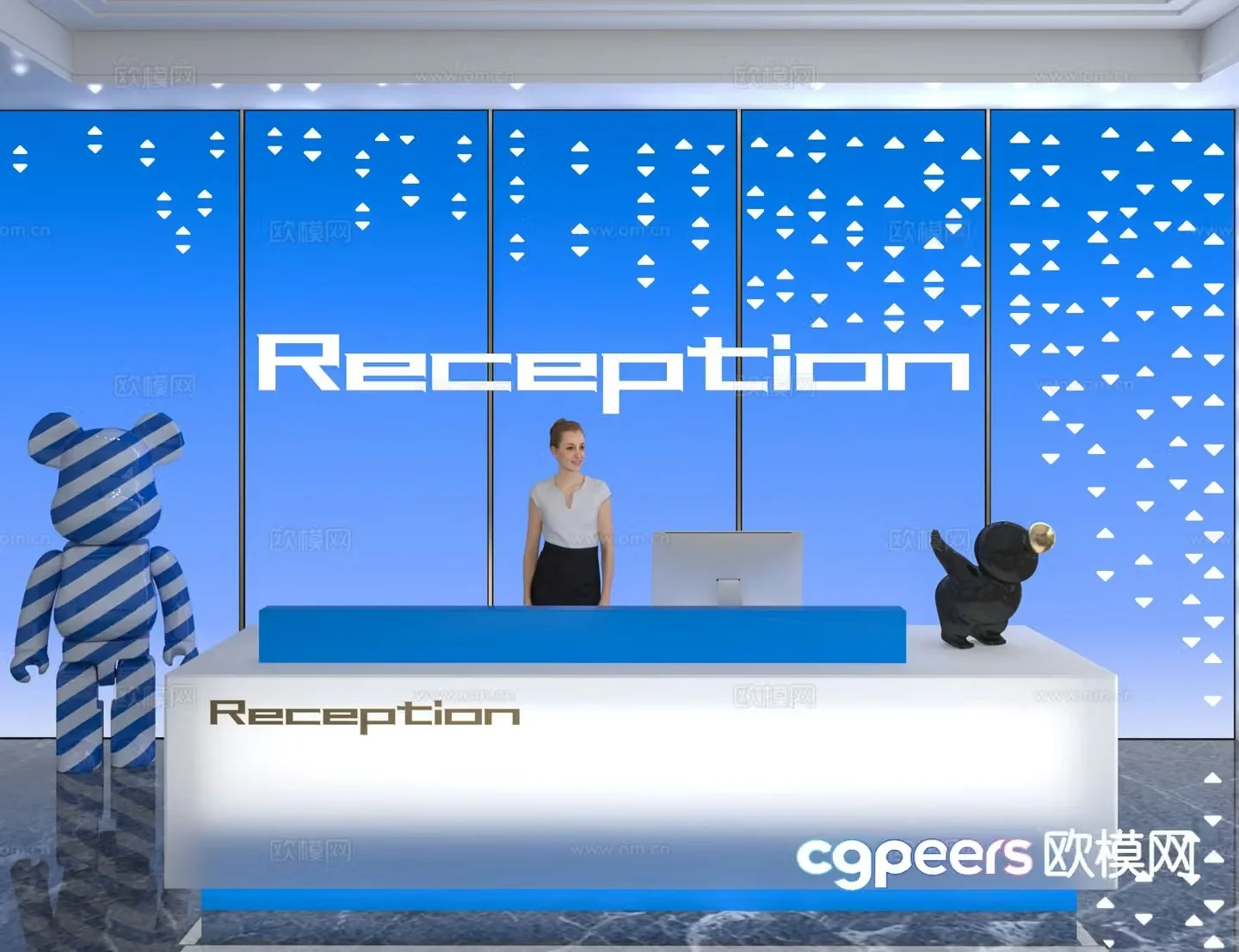 Modern front desk reception desk information desk office background 3d model