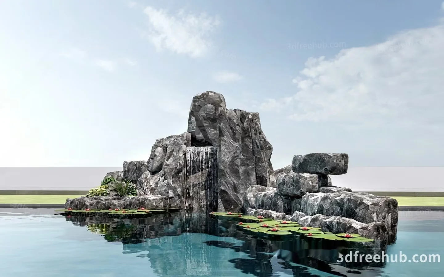 A 3D Rendering Of A Rocky Waterfall 3D Model – 22037 – VRAY Render