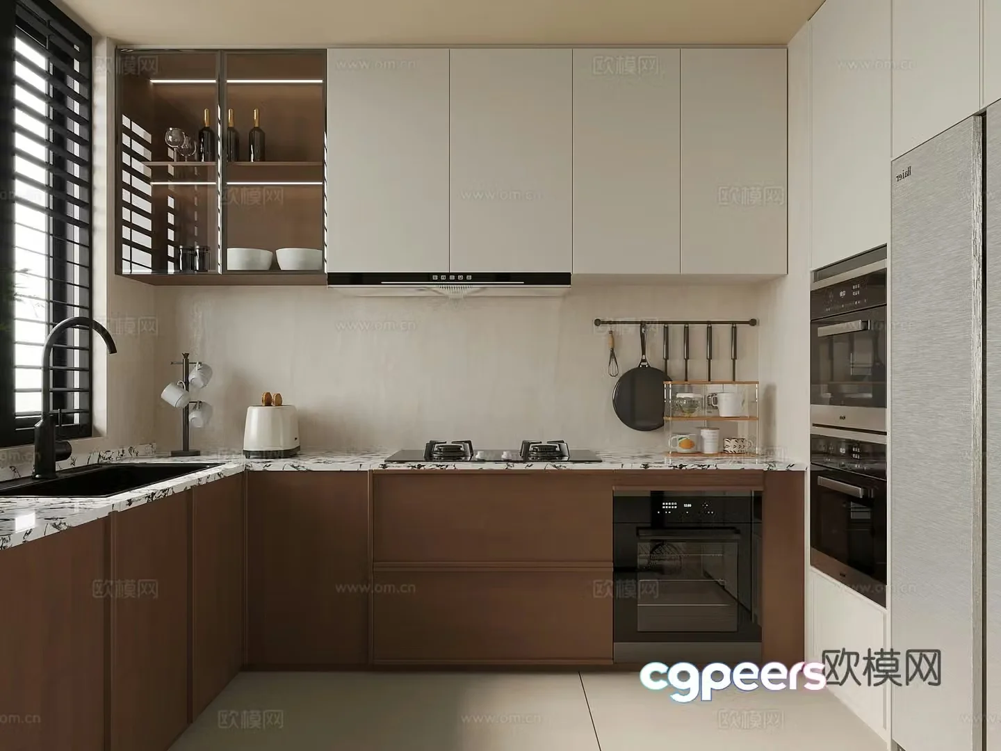 Middle style kitchen cabinets kitchen supplies hood stove 3d model