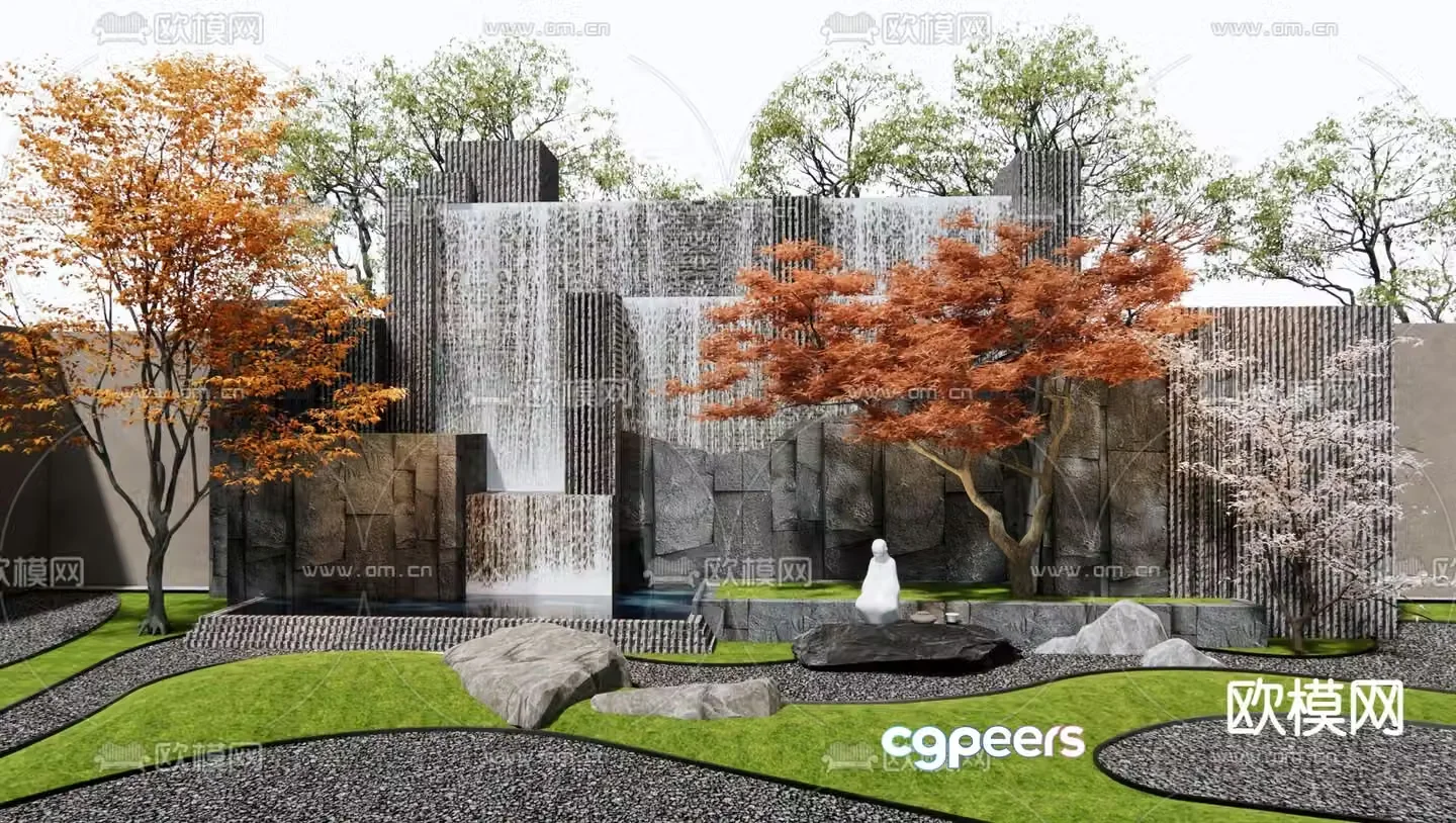 Japanese rockery waterscape falling water landscape rockery stone 3D model