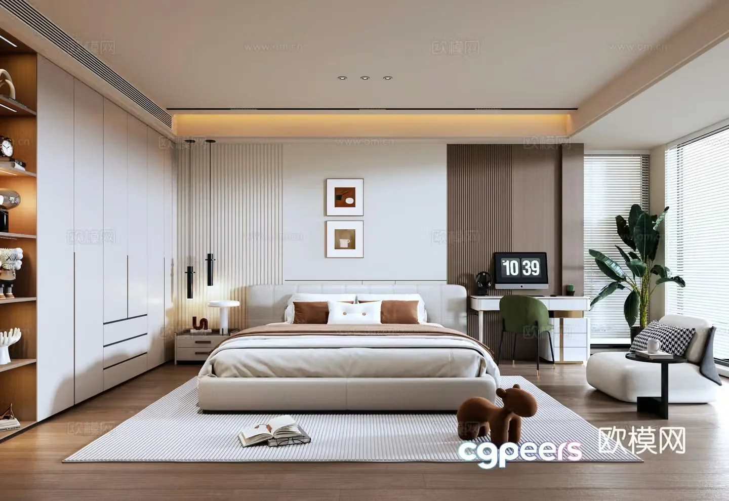 Modern minimalist Italian bedroom wardrobe desk and chair lazy sofa double decorative painting back 3d model