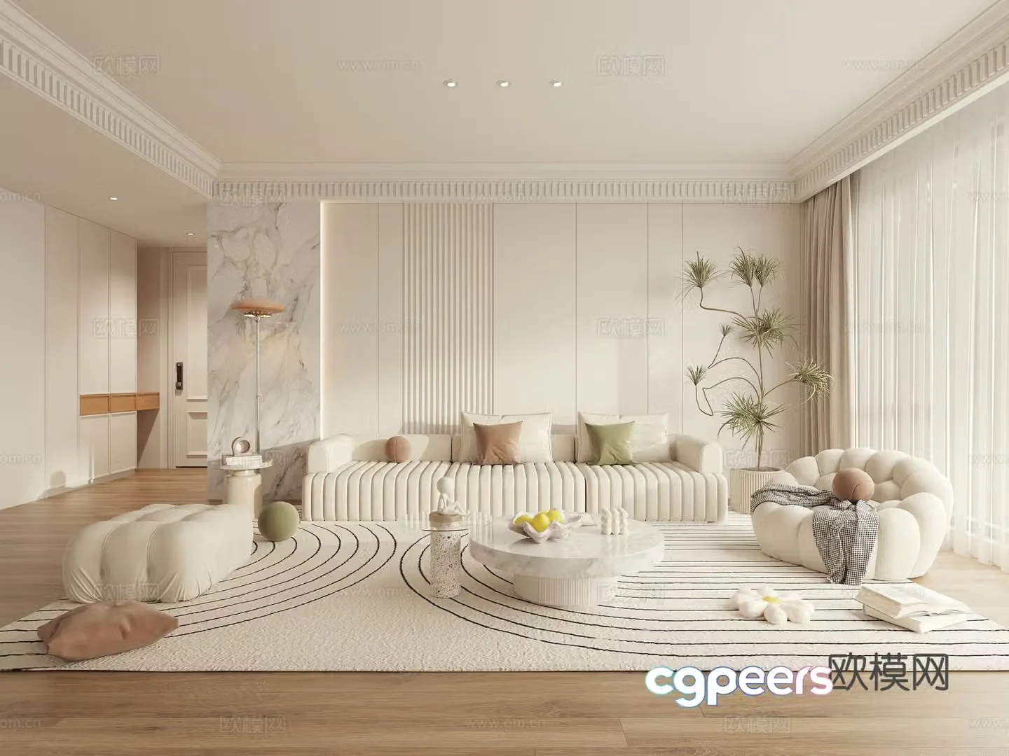 French creamy living room 3d model