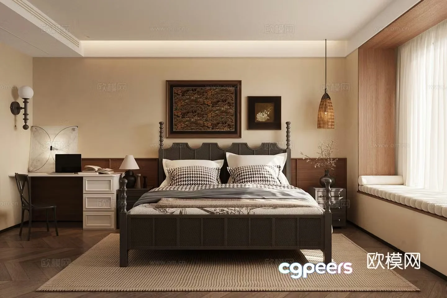 Medium-old home bedroom Medium-old style bedroom Retro style double bed French retro bedroom Backrest bed 3D model