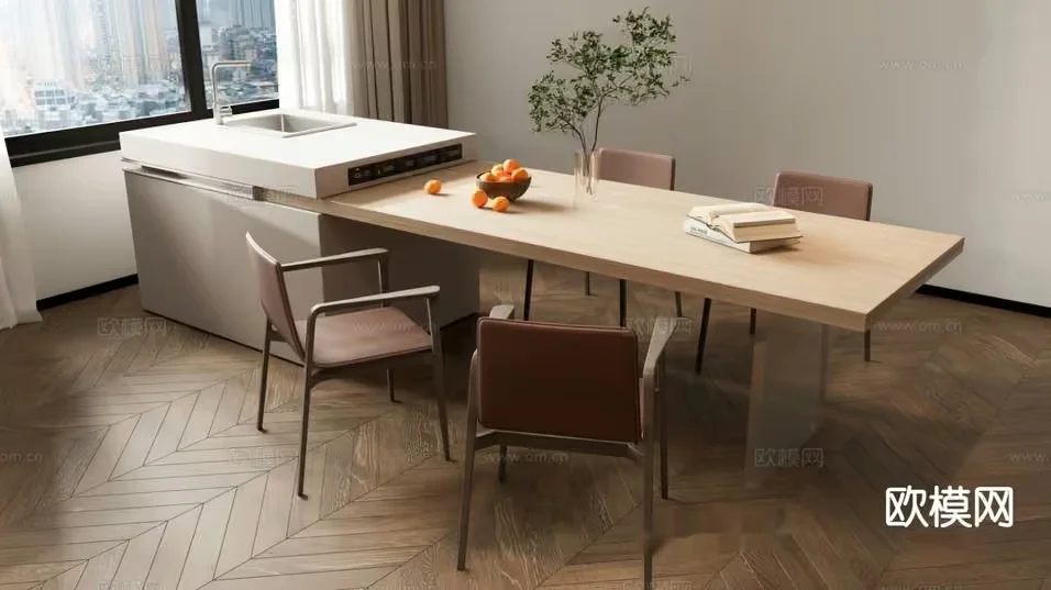 Modern Kitchen With A Table And Chairs 3D Model – 2181 – VRAY Render