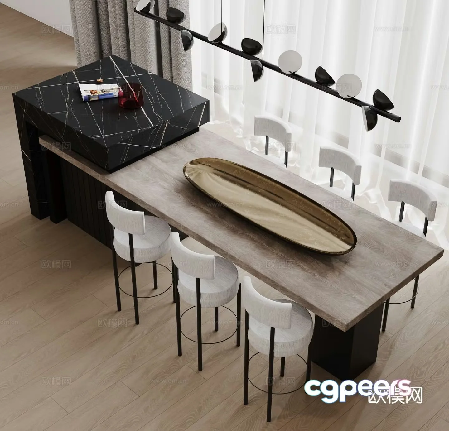 Modern island table dining table and chairs 3d model