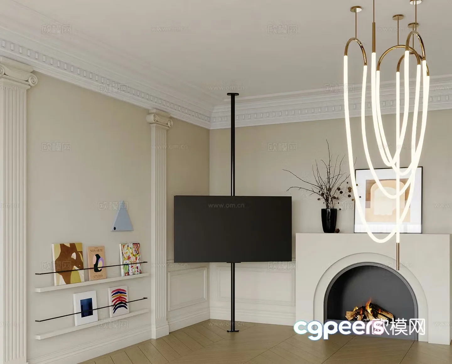 Modern fireplace TV hanging painting ornaments books 3d model