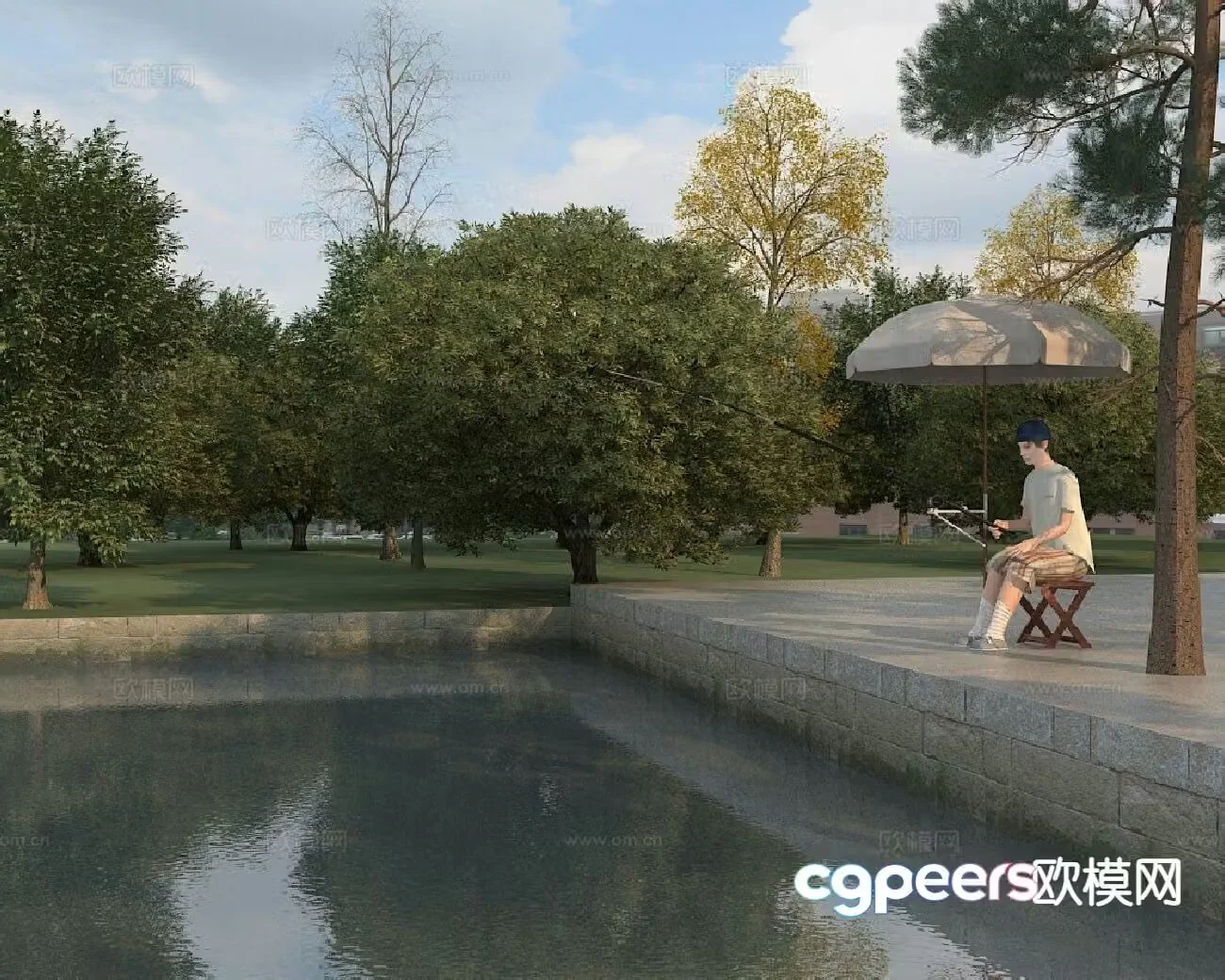 Garden landscape fishing scene 3d model