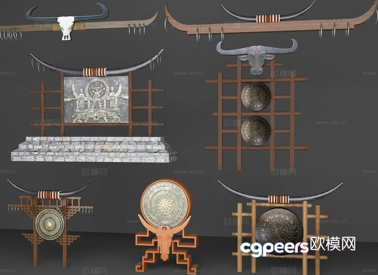 Ethnic minority decorations Bronze drums Ethnic plaques Yao horns Miao horns National totem 3D model