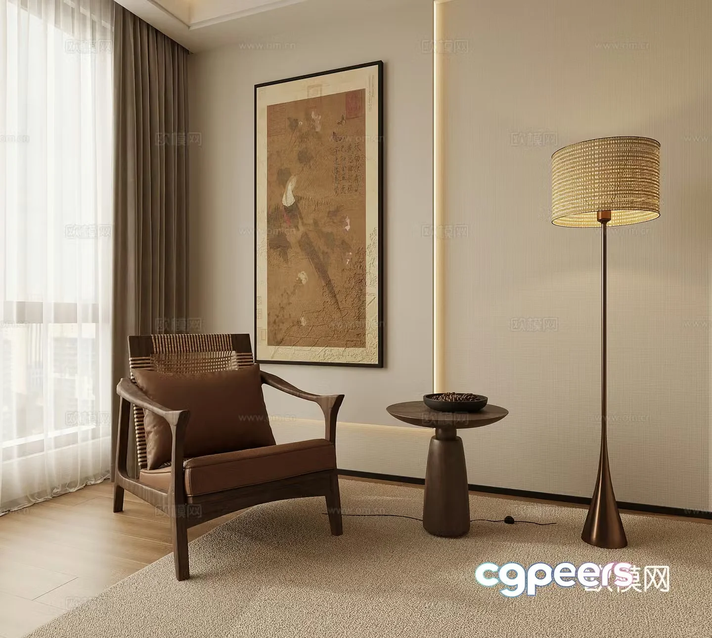 Middle-aged floor lamp leisure chair decorative painting side 3D model