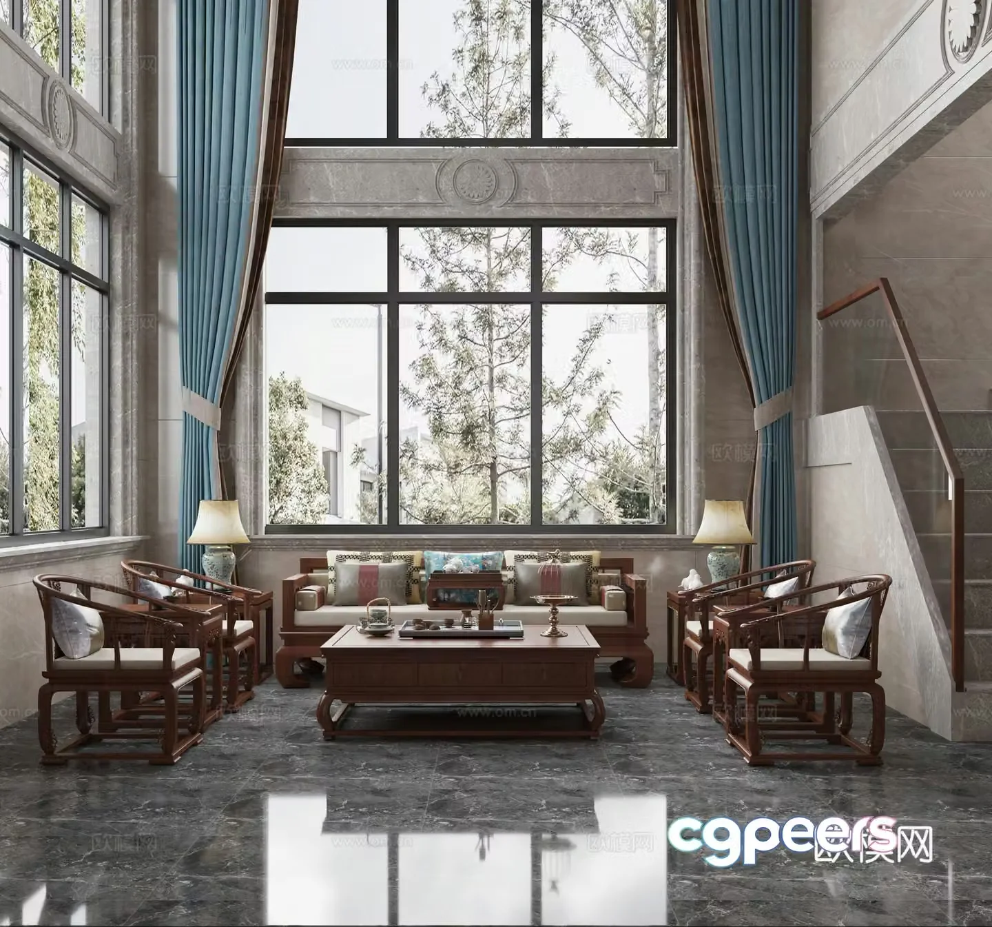 Modern new Chinese style villa living room 3d model