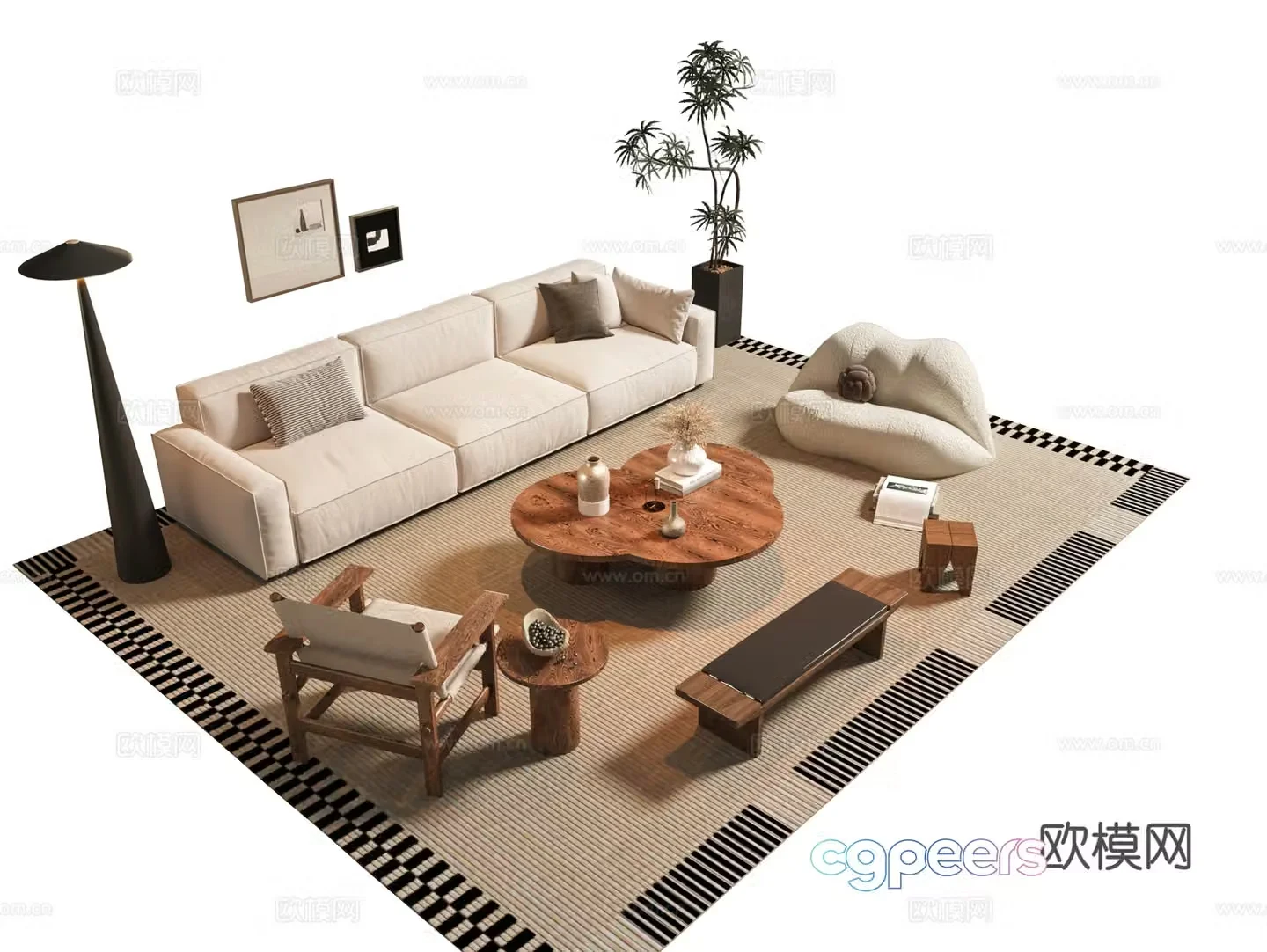 Modern Wasabi Middle Style Sofa Coffee Table Combination Jewelry ornaments Modern Sofa Combination Medium Style 3D Model