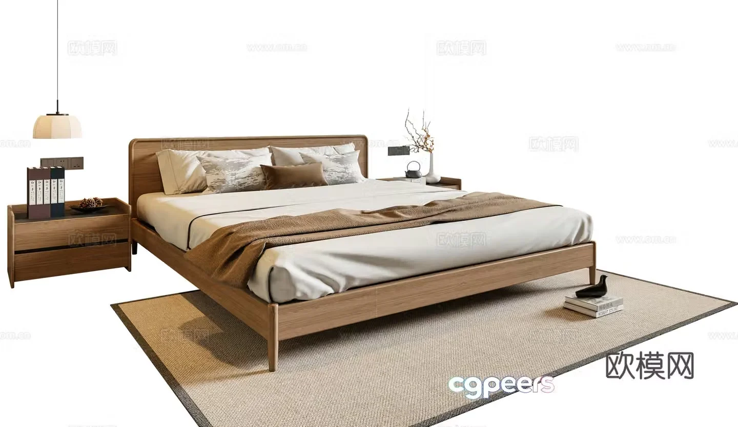 New Chinese style double bed solid wood bed nightstand chandeliers carpet 3D model