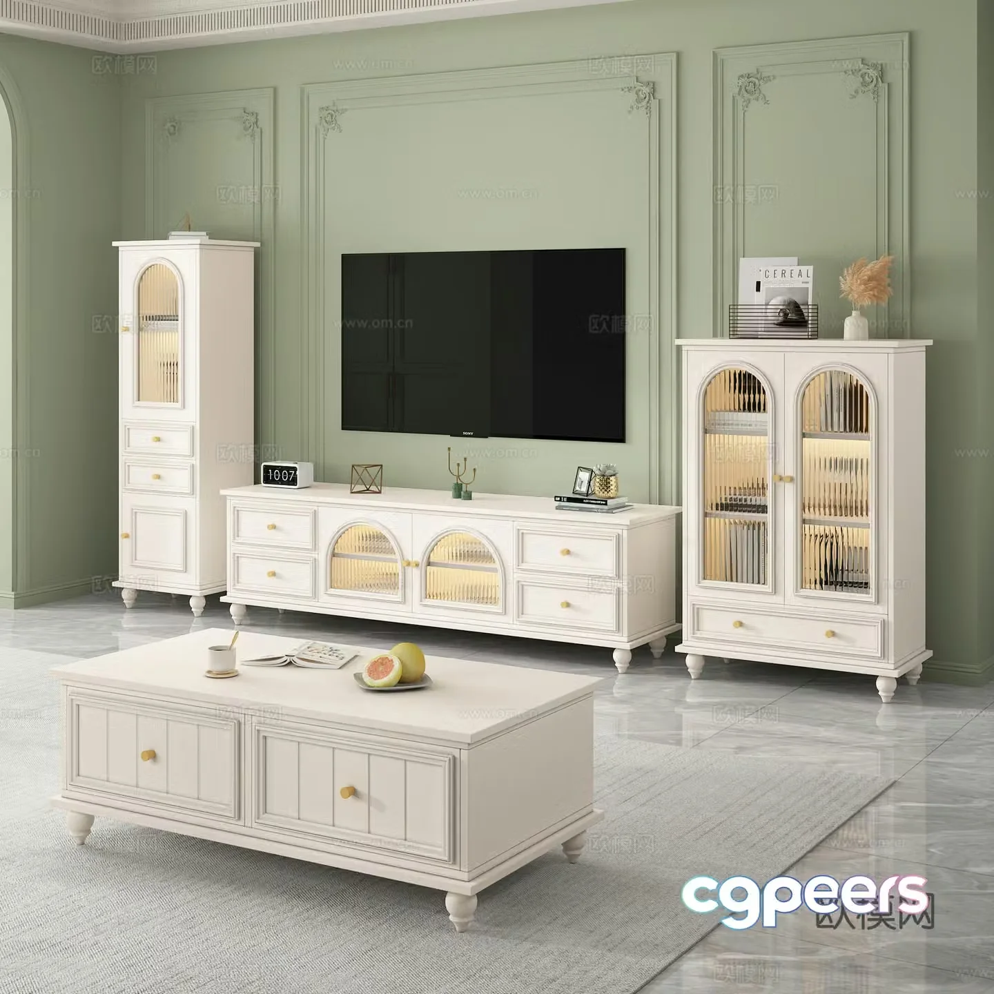 French cream-air TV cabinet coffee table storage cabinet ornament combination 3D model