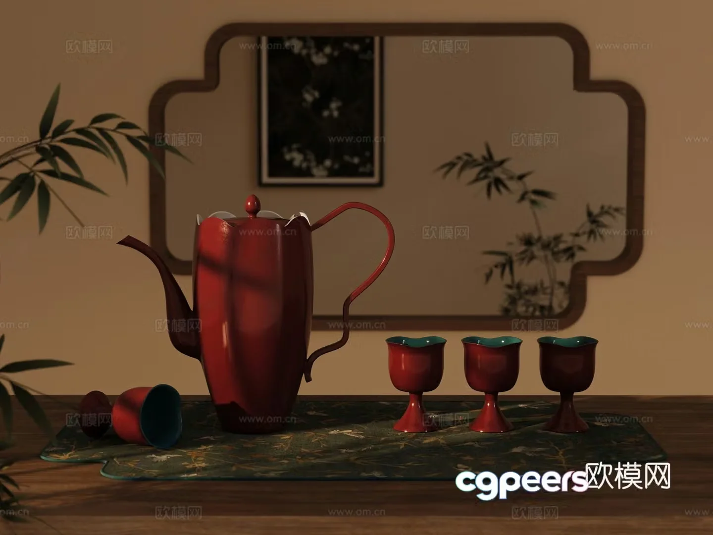 New Chinese style tea set tea table vase ornament ornament flower arrangement 3D model